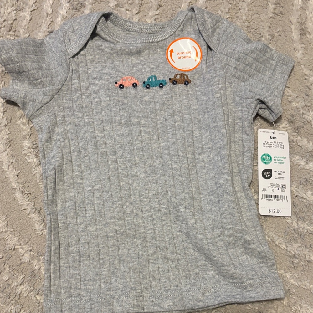 NWT - Carters Baby Gray Ribbed Short-Sleeve Tee with Car Embroidery 6 months